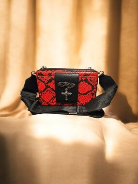 NEW Ed Hardy Red And Black Snakeskin Bag with Crossbody Strap 7"x5"x2.5" NWT